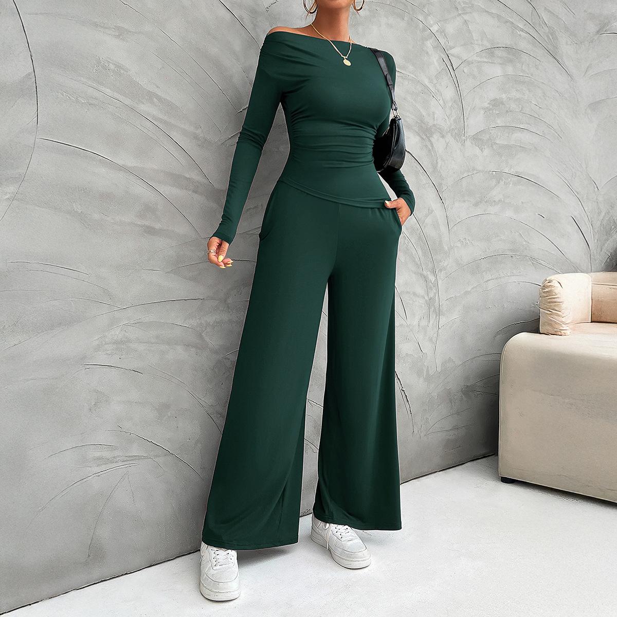 

Comfortable Off Shoulder Fashion Simple Autumn and Winter Women s Wear Y2K Slim Fit Long Sleeved Top Wide Leg Pants Set S