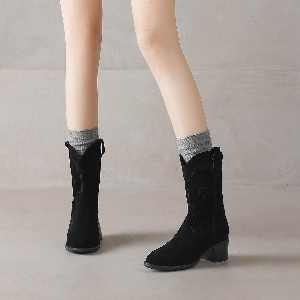 Krazing Pot Cow Suede Nubuck Winter Round Toe Modern Boots Med Heels Slip On Five-Star Decoration Women Mid-calf Boots