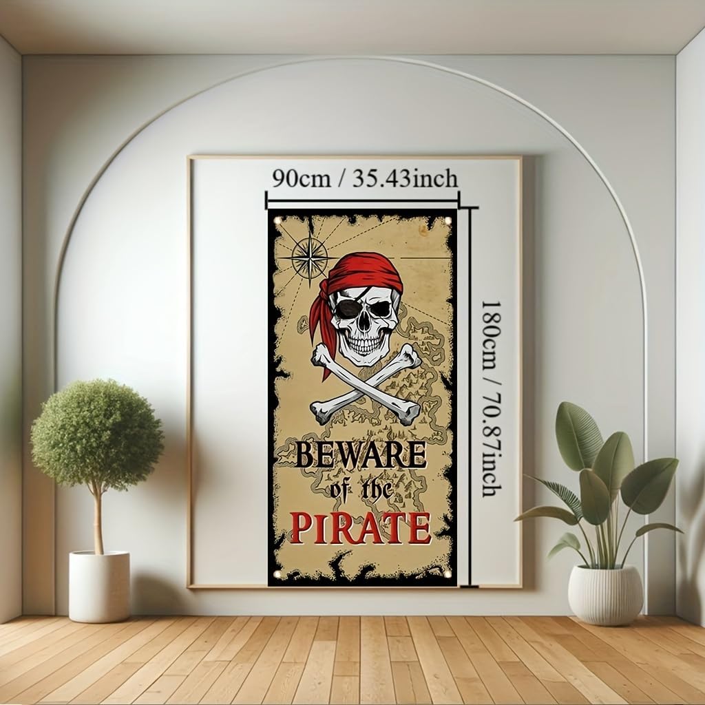 Pirate Door Cover Banner Beware of the Pirate 71x35 Inch Party Door Sign for Front Door Skull Map Design Door Cover for Halloween Theme Party Outdoor