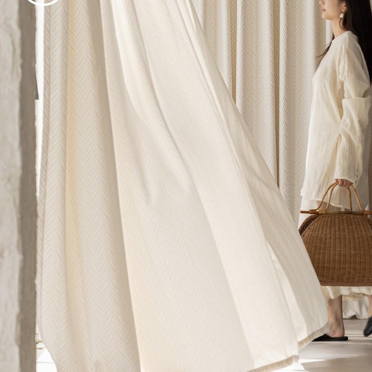 Cream Chenille Jacquard Wavy Sheer Curtains - High-End Translucent, Not See-Through, Ready-Made for Living Room, Korean Style