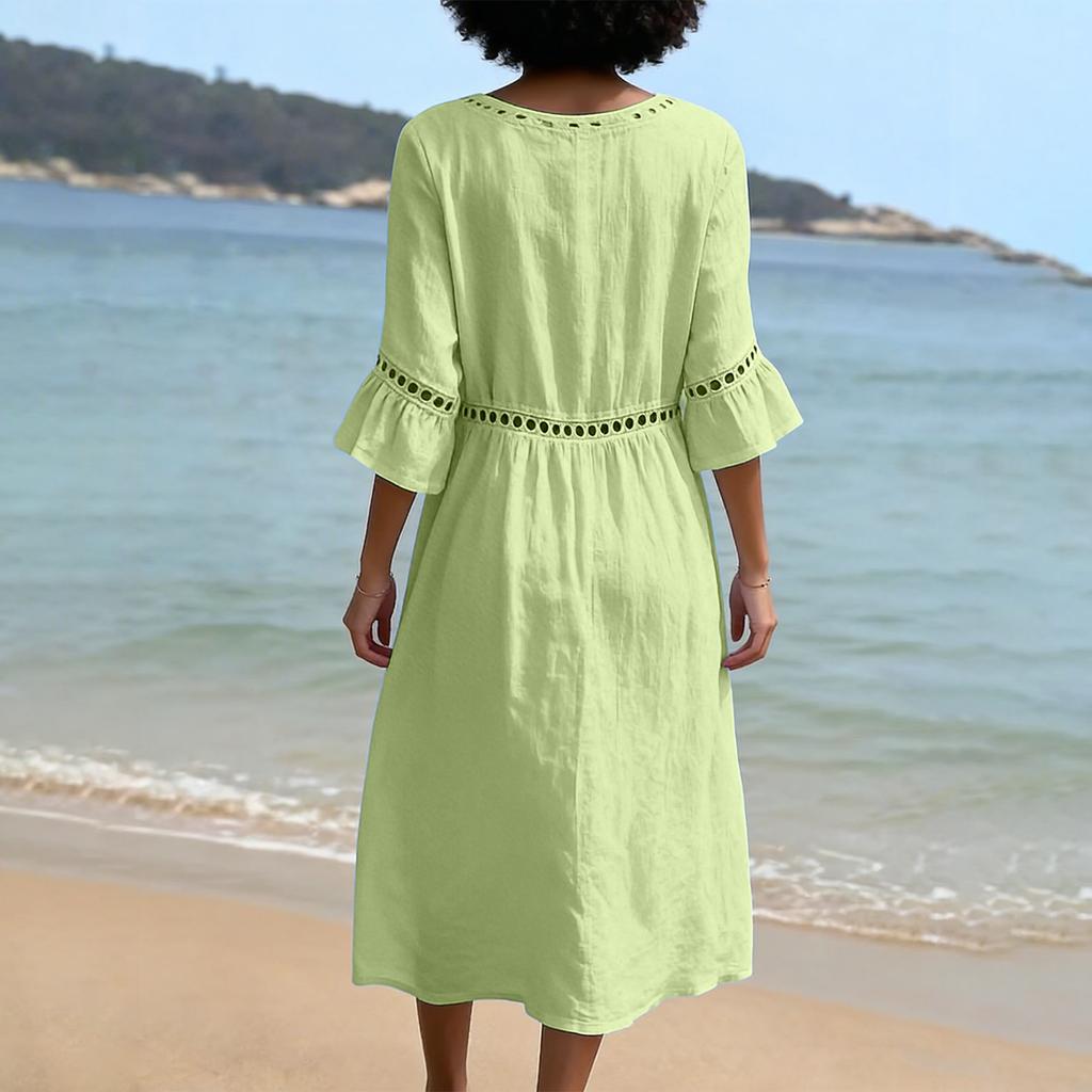 Fashionable Ladies Color Retro Laced Lace Round Neck Cotton Linen Dress Women
