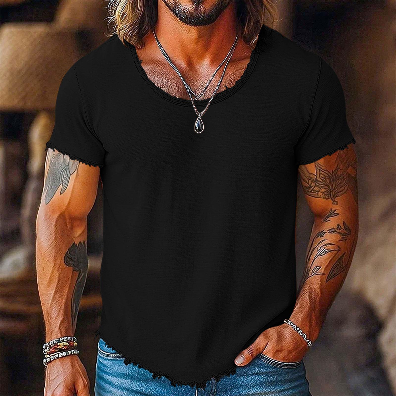 Ionia Heren Casual T-shirt met Korte Mouwen, Verweerd Ruw Randje, Ronde Hals, Lichtgewicht Zomer T-shirt voor Dagelijks Gebruik L zwart