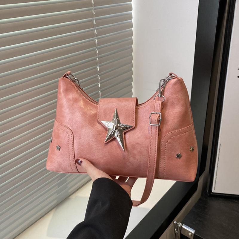Women PU Star Decor Shoulder Bag Chic Hobo Bag Large Capacity Fashion Crossbody Bag Solid Color Sweet Underarm Bag AVE