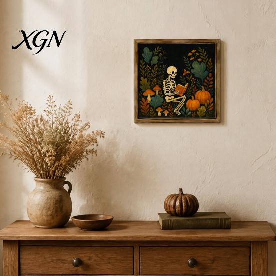 Distressed Halloween Party Props Ghost/Witch/Skeleton Decorative Painting, Wall Mount Square Wood Frame Wooden Decor Picture for Home