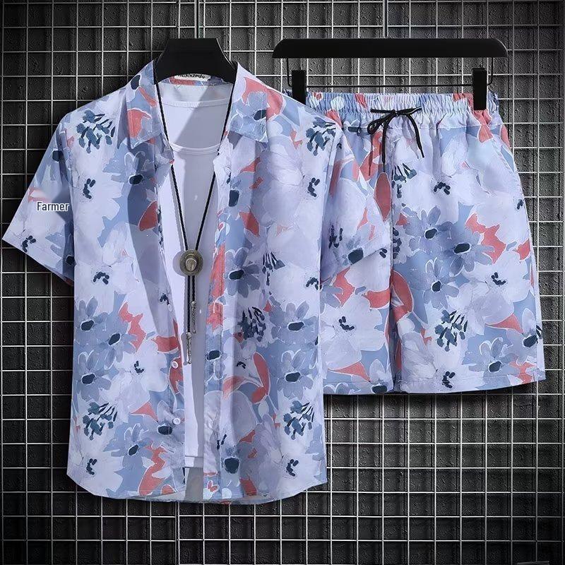 Men's Retro Floral Short-Sleeve Shirt & Beach Shorts Set for Seaside Vacations