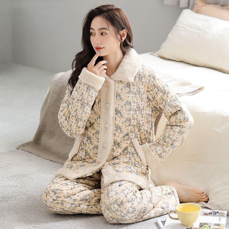 Bunda Pyžamo Dámské Zimní Třívrstvé Teplé Plyšové Zahuštěné Domácí Oblečení Neformální Středního Věku Mladé Pyžamo Set