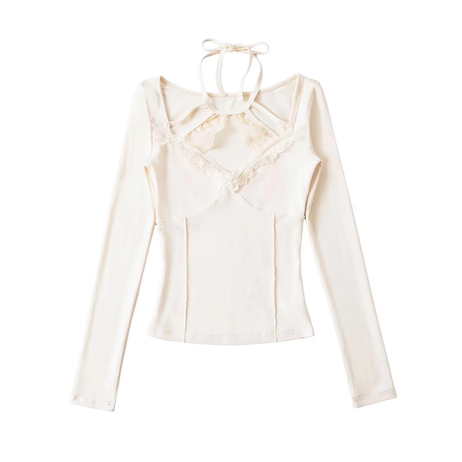 

Женский облегающий топ с кружевом, халтер, с длинным рукавом, весна/лето 2025 Small бежевый