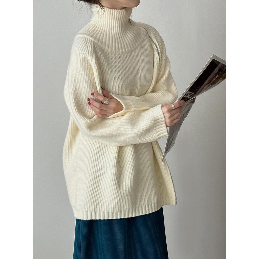 DIMANAF 2025 Autumn Women Zipper Sweaters Lady Pullover Tops Female Turtleneck Knitted Basic Solid Tees Red Sweaters