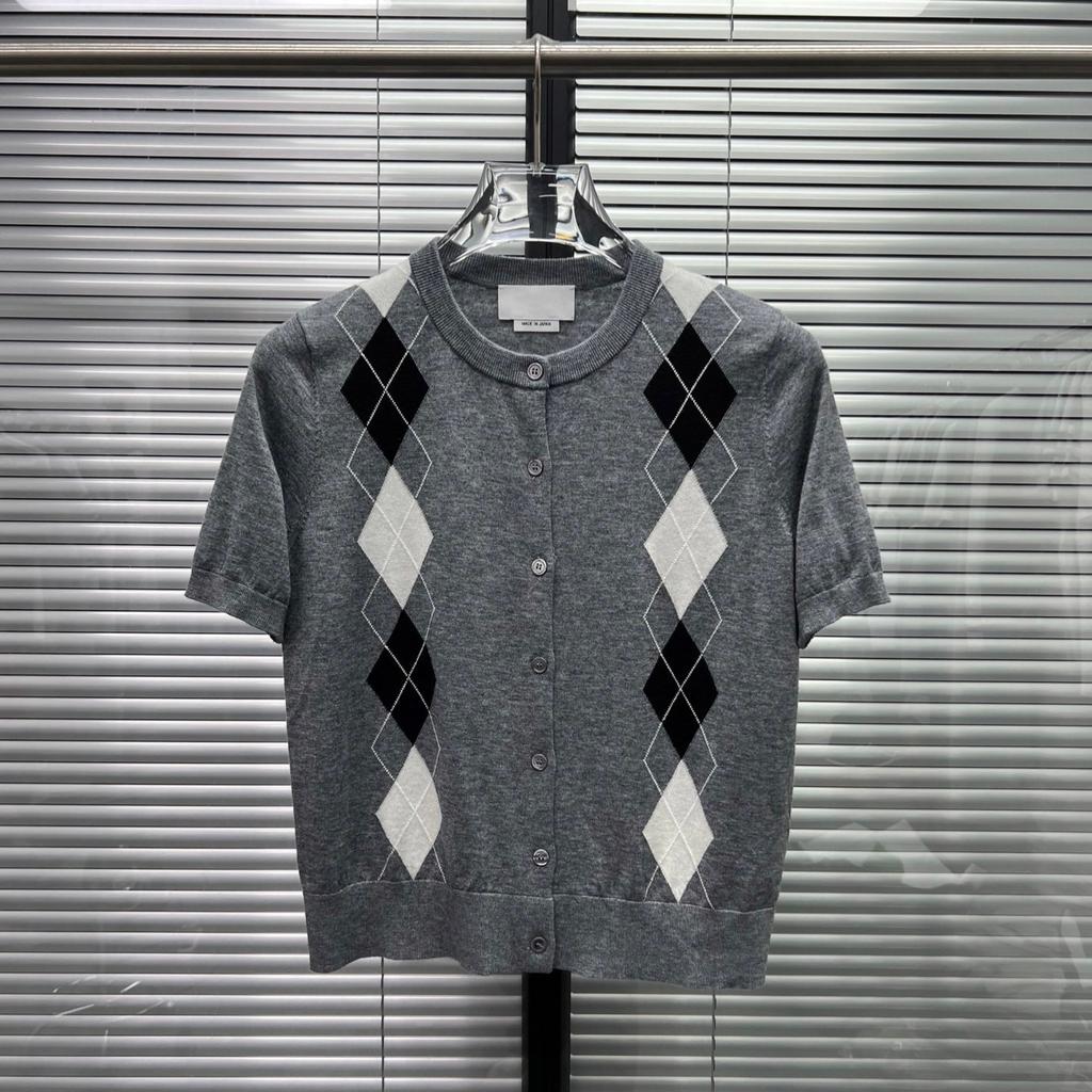 TB summer short-sleeved women's college wind-ringed plaid cardigan Korean version of college style slim-fitting and thin round neck short-sleeved