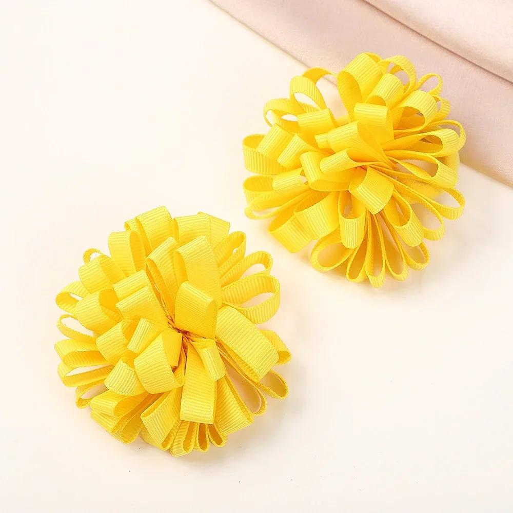 2pcs/set 2.76'' Elastics Ribbon Flower Ball Hair Band for Girls Princess Big Grosgrain Hairrope Pretty Hair Tie Accessories Gift