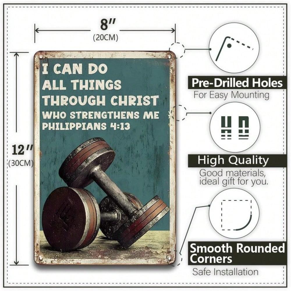 Religious Fitness Metal Plaque, Vintage "Philippians 4:13 Dumbbell" Decor, Home Art Accent for Christian & Workout Fans