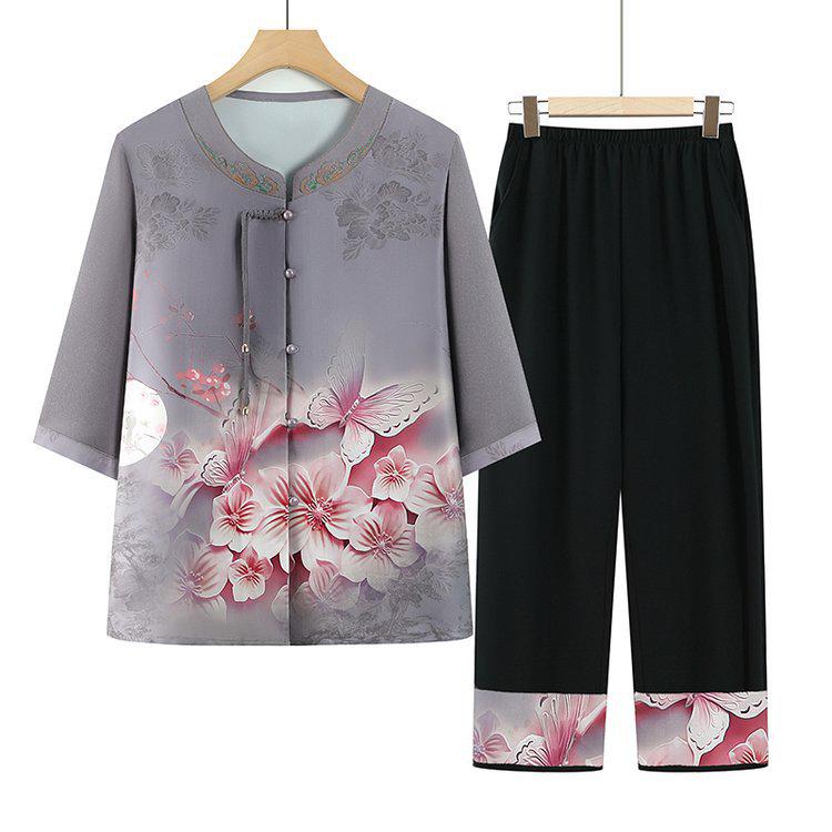 

Summer 2026 Chinese Style Grandma Outfit Set: Elegant Shirt and Pants for Middle-Aged and Elderly Women 4XL (130-145 lbs) серый