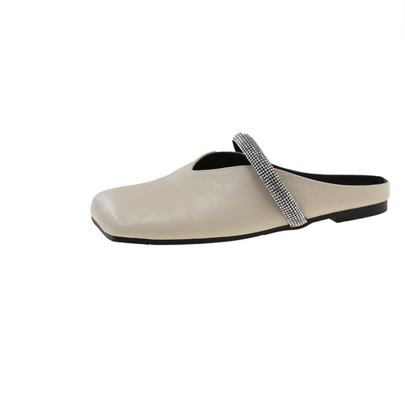 Bowknot Pearl Flat Bottom Baotou Half Slippers Women New Summer Shallow Mouth Mary Jane Single Shoes Casual Slides