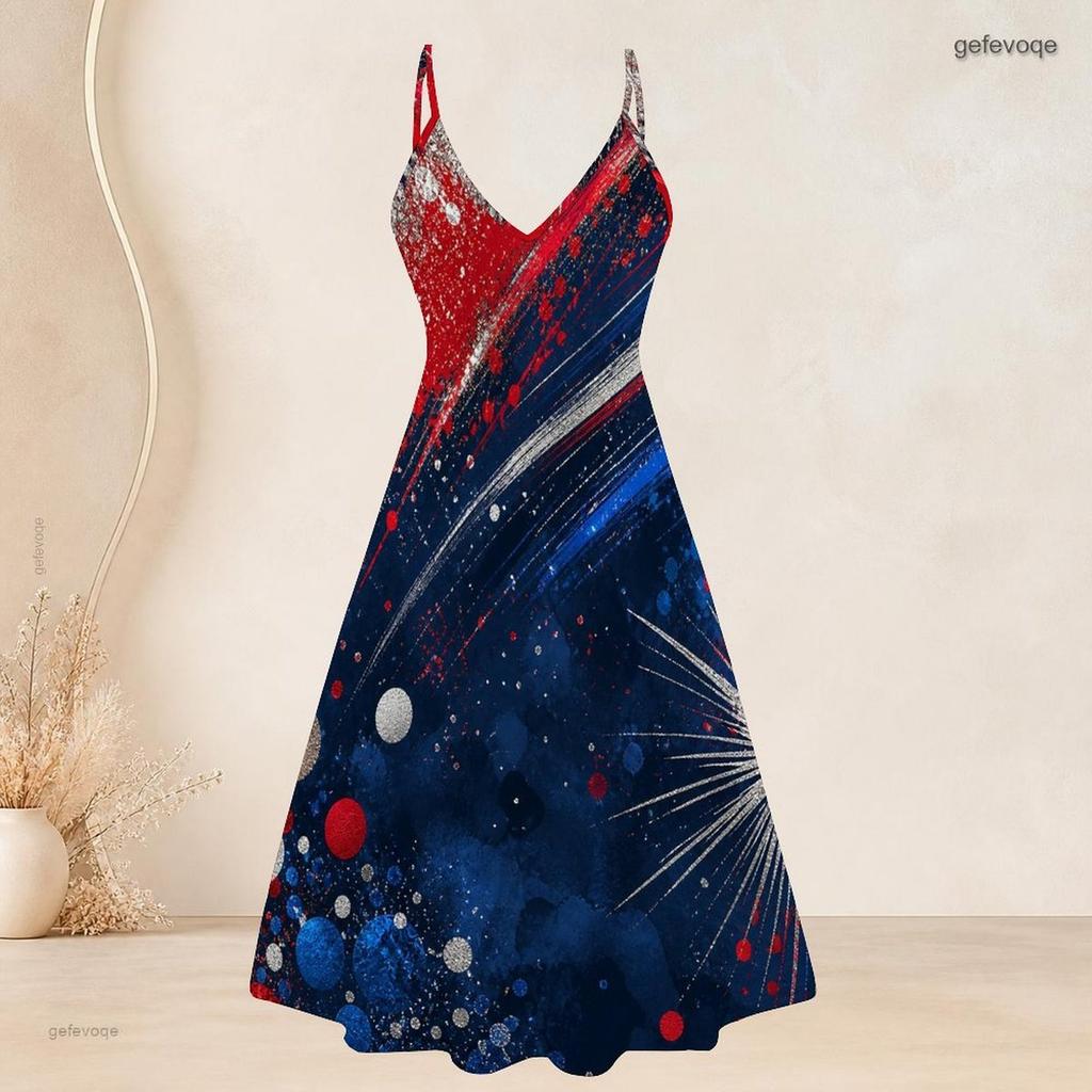 Women Plus Size Two Piece Set Short Sleeve Cardigan V Neck Strappy Star Printed Red Blue White Flared Dress