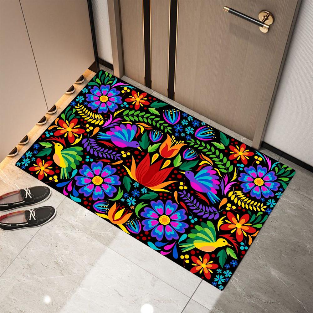 Mexican-style Flower Print Welcome Doormat Non-Slip Machine Washable Carpet for Living Room Bedroom Bathroom Kitchen Laundry Rug