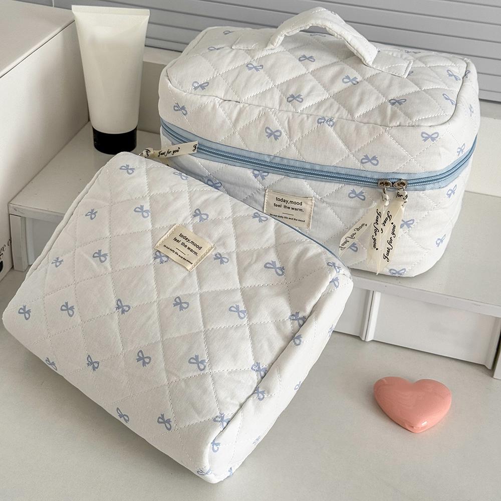 Blue Bow Quilted Women Cosmetic Bag Sets Large Capacity Makeup Handbag Travel Pouch 3 Type Ladies Zipper Organizer for Bags