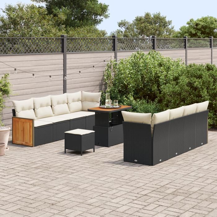 Ensemble de Canapé de Jardin 11 Pièces avec Coussins Noir Rotin Poly Acacia, Ensemble de Salle à Manger 3 Pièces 3365230