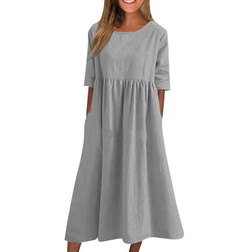 Women's Summer Solid Color Round Neck Half Sleeve  Casual Long Solid Color Dress