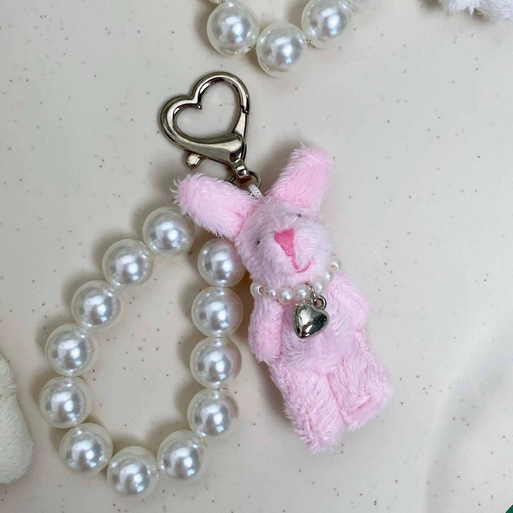Kawaii Teddy Bear Mobile Phone Chain Pearl Beaded Bracelets Cute Doll Bag Charms Pendant Keychain Girl Heart Hanging Ornament