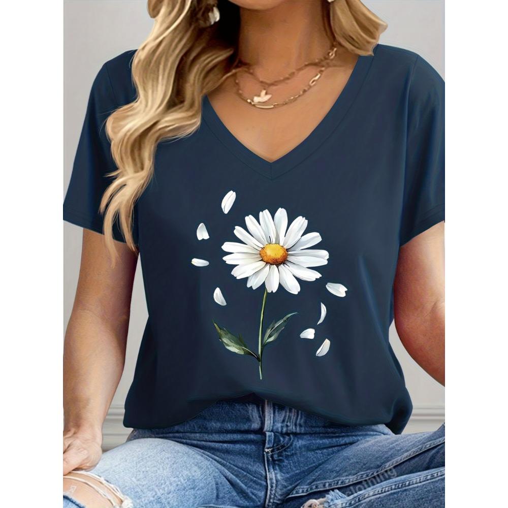 Women's V-Neck T-Shirt Flowers Print Tees Summer Short Sleeve Top Casual