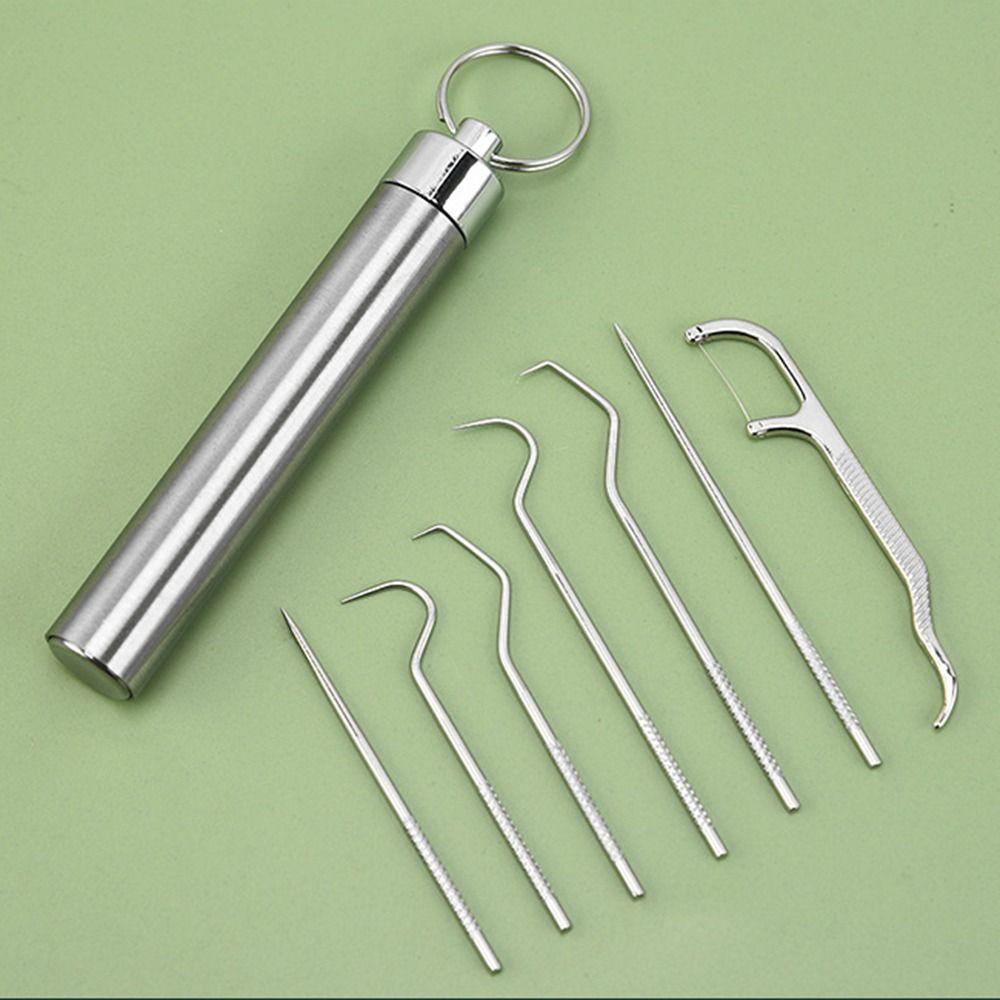 Oral Cleaning Tool Tooth Flosser Seal Storage Box Stainless Steel Toothpick Set Keychain Holder Toothpick Pocket Set Tooth Pick