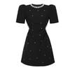 GMXIA Schwarzes Kleid im Hepburn-Stil, Sommerkleid für Damen, schwere Industrie, mit Diamanten besetzte Taille, A-Linie, Swing-Kleid