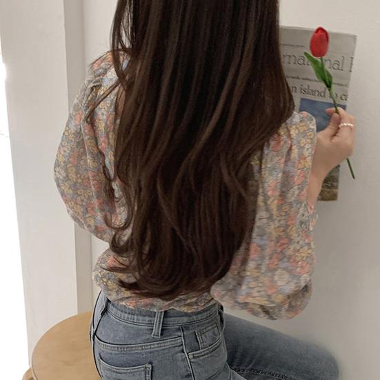 Cute Top Floral Print Young Square Neck Puff Sleeve Lovely Ladies Blouse for Work