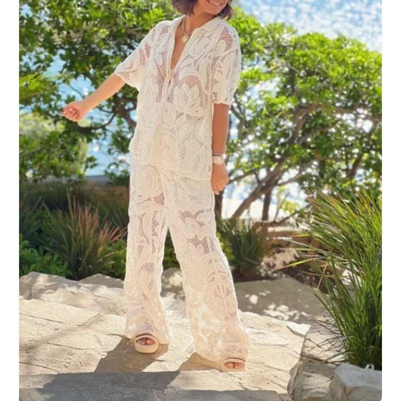 

Europe and America Cross Border 2025 Lapel Lace Embroider Hollow out See-through Loose Tops Straight-Leg Trousers Suit Casual Suit White L