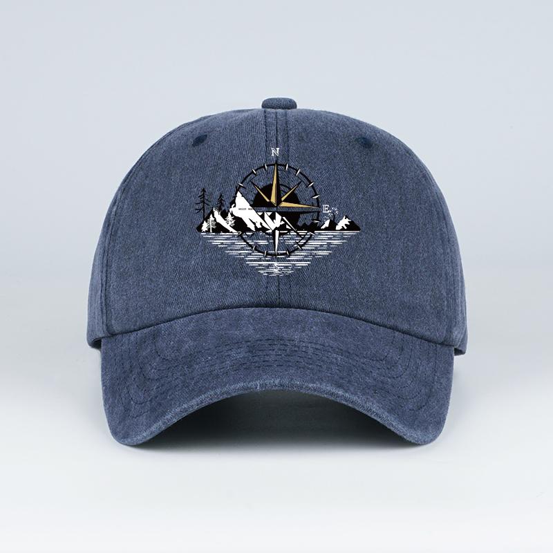 

Compass Mountain Print Washed Baseball Cap Adjustable Unisex Vintage Outdoor Hiking Sun Hat темно-синий