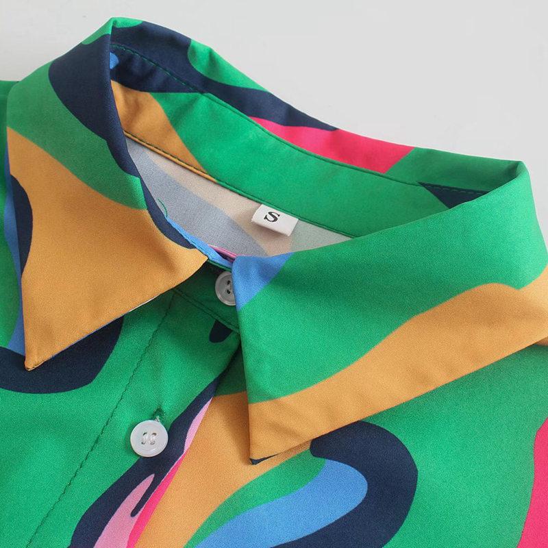 Women Slash Long Sleeve Midi Dress Green Print Shirt Dress