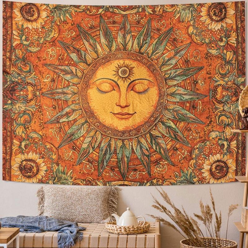 1 piece, 2D flat sun and moon tapestry, vintage bohemian wall hanging with a smiling sun pattern, wsj