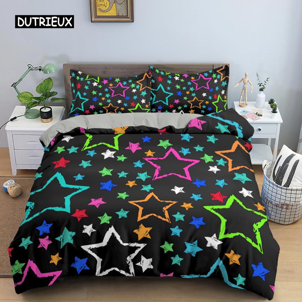 Colorful Stars Duvet Cover Set Microfiber Yellow Pink Stars Soft Bedding Set Single King Queen Twin Size 2/3pcs Comforter Cover