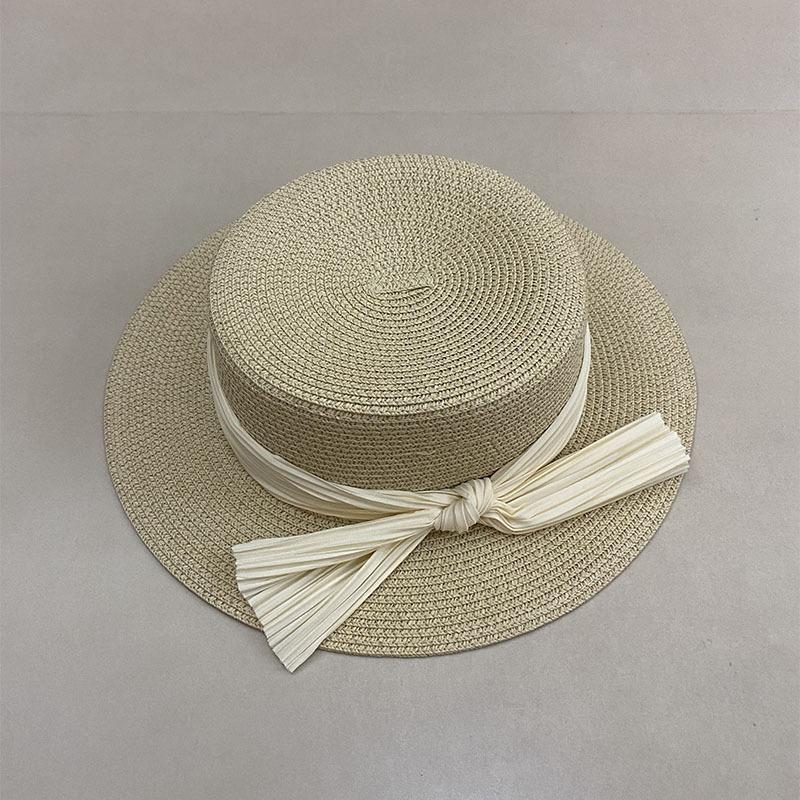 Delle Japanese Premium Straw Hat Femininity Bow Flat Top Hat Summer Beach Straw Weaving Sun Protection