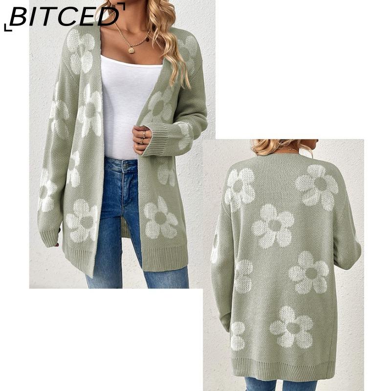 BITCED Autumn/Winter Mid-Length Cardigan for Women Loose-Fit Colour-Block Floral V-Neck Long-Sleeved Knitted Cardigan