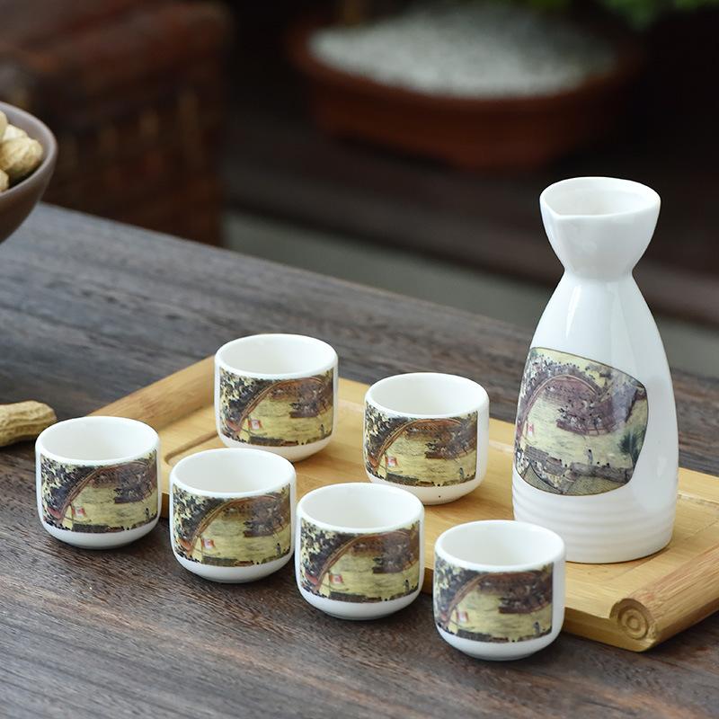

7Pcs Japanese Sake Set Hand Painted Design Sake Pot Cups Set Traditional Ceramic Cups Birthday Party Creative Barware Gift Box