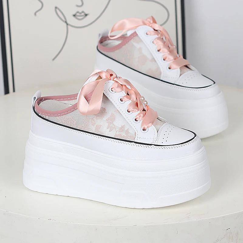 Fashion 12CM Slides Sneakers Slip On Microfiber Leather Women Summer Shoes Wedge Fashion Air Mesh Glitter Platform Slippers Sandals