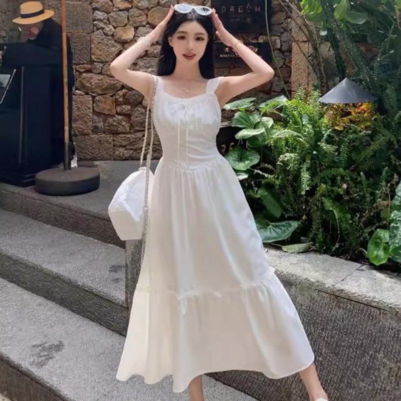 2026 White First Love Sweet Spaghetti Strap Beach Vacation Dress Medium