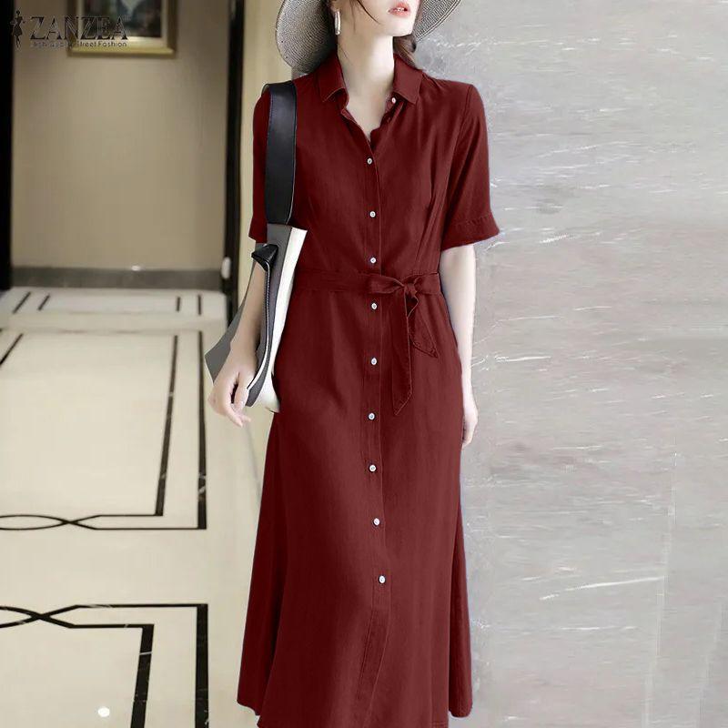 ZANZEA Women Casual Turn Down Collar Short Sleeve Shirt Dress