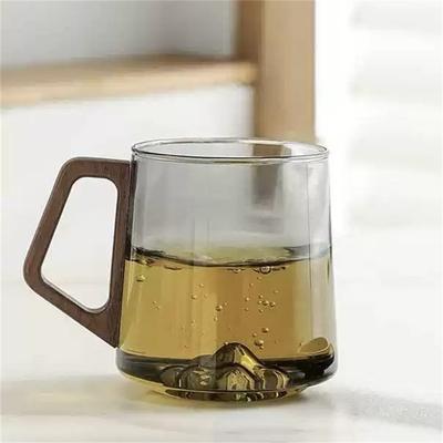 400ml Bottom Mountain View Glass Tea Cup Coffee Mug with Wooden Handle High Temperature Resistance Scented Tea Water Cup