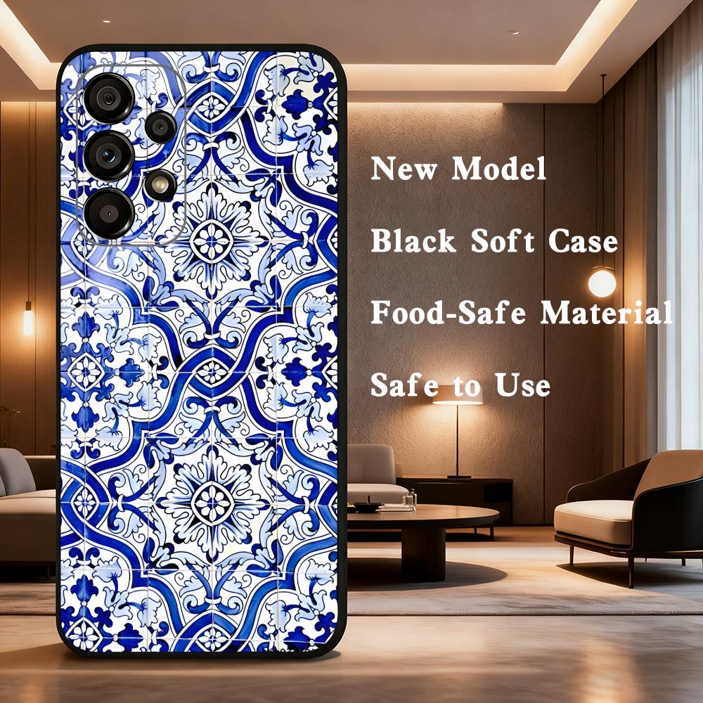 blue and white porcelain Phone Case For Samsung Galaxy A73,31,32,72,41,53,52,71,22,5G,Note,J7,8,9 Soft Black Cover