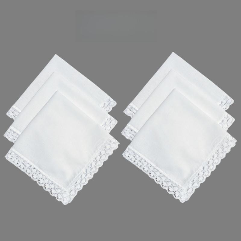 

6Pcs/set Solid White Handkerchief With Lace Trim