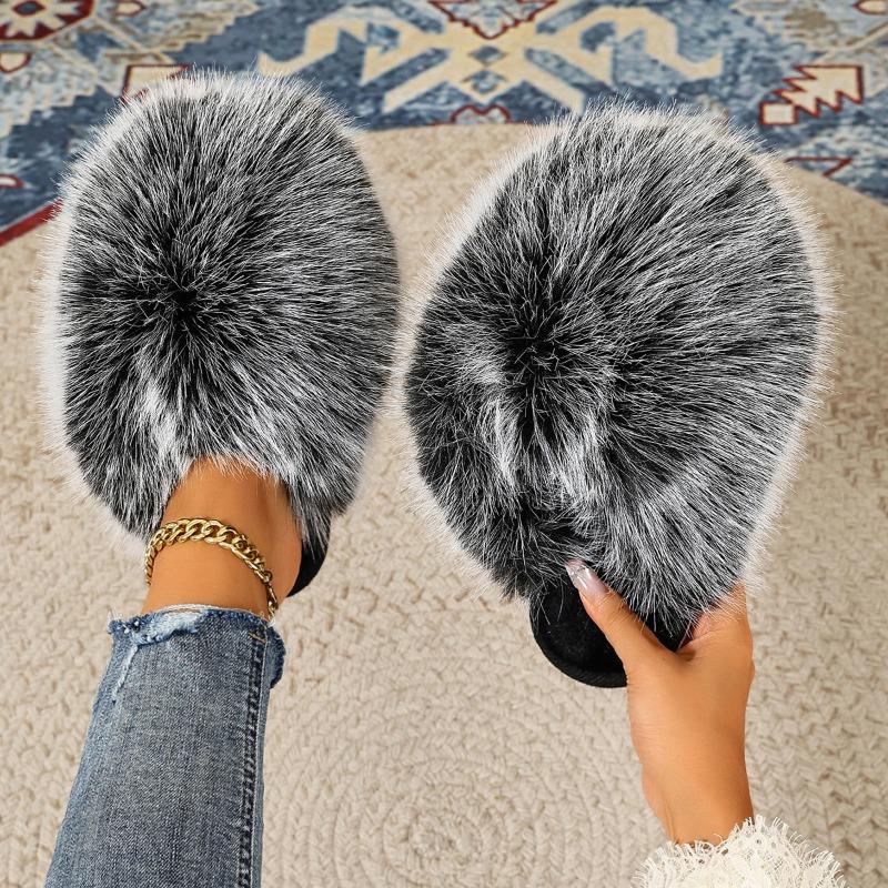 Autumn and winter imitation fox hair leopard print slippers women's warm fluffy plush cotton slippers