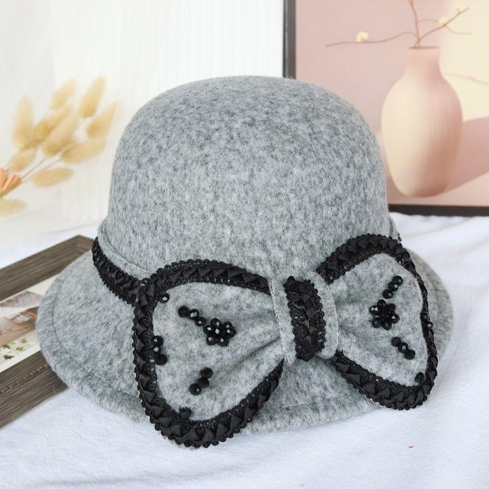 Bow Autumn and Winter Ladies Hat Wool Fashion Winter Top Hat Basin Hat Bucket Hat British Retro