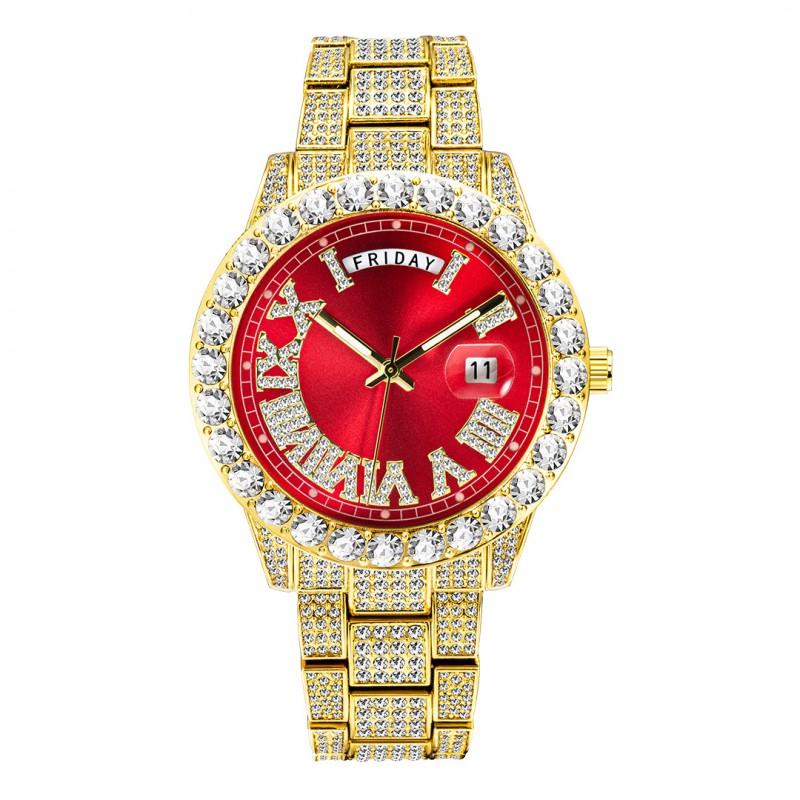 Mens Fashion Quartz Wrist Watch Dual Calendar Pink Dial Rhinestone Accents Luminous 30M Waterproof Stainless Steel Band