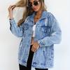 Dámská roztrhaná džínová bunda volného střihu Streetwear Dlouhý rukáv Směs bavlny Středně dlouhý kabát