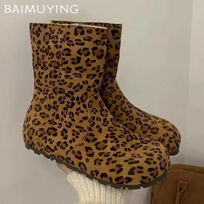 Leopard Snö Ankelstövlar Kvinnor Flats Mockaskor Kvinna Trend Vinter Nya Chelseastövlar Varma Mysiga Motorcykel Botas De Mujer