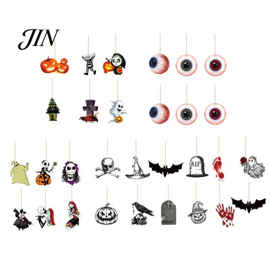 Halloween Hanging Decor 6Pcs Wooden Decoration, Ghost Pumpkin Eyeball Pendant Ornament with Rope, Spooky Holiday Party Decorations