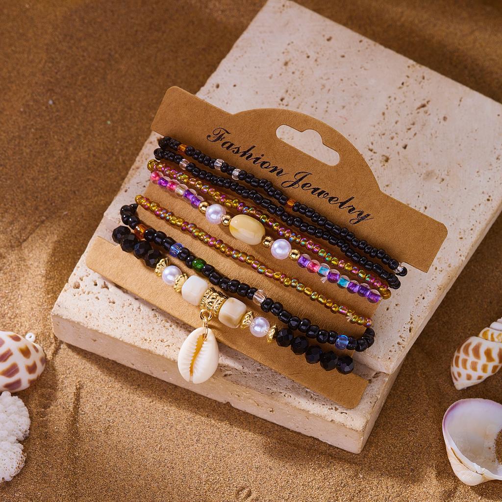 Handmade Black Glass Stone Bracelet Set For Women Bohemian Multilayer Stacked Rice Beaded Link Chain Bangle Fashion Jewelry