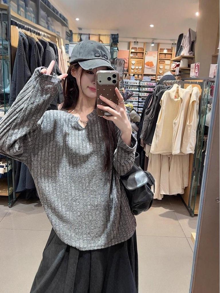 Women's Long-Sleeve Textured Brushed T-Shirt, New Spring/Autumn Korean Style, Loose Fit Versatile Base Layer Top