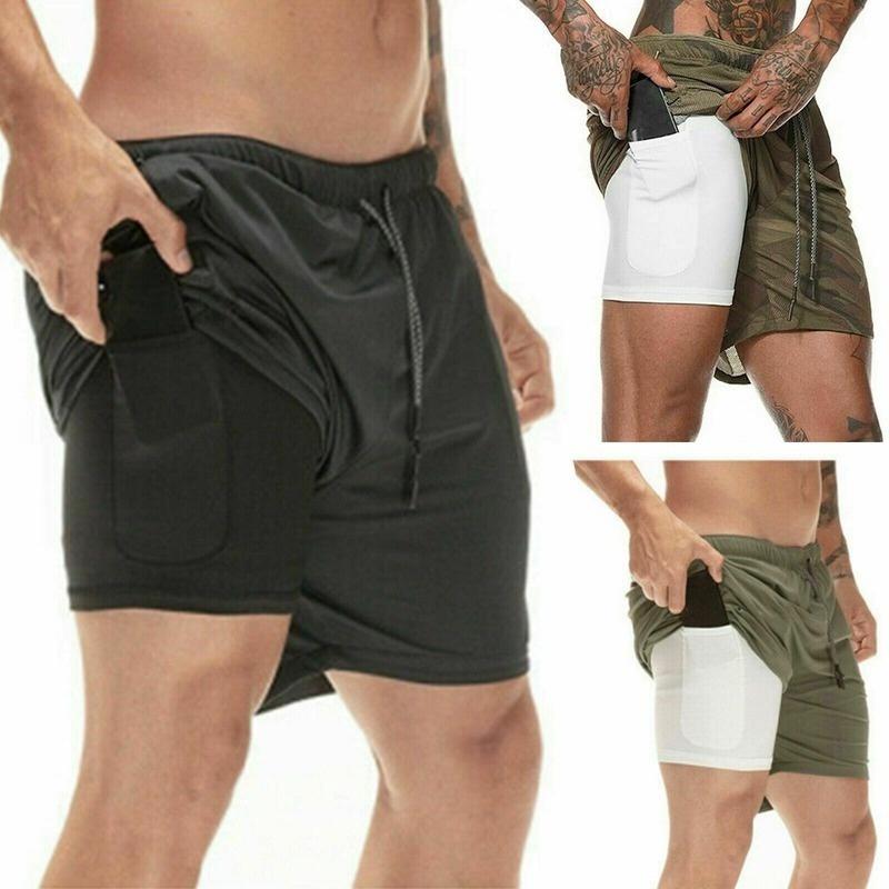 Mens Sports Gym Running Shorts Dual Layer Drawstring Quick Dry with Pocket Pants